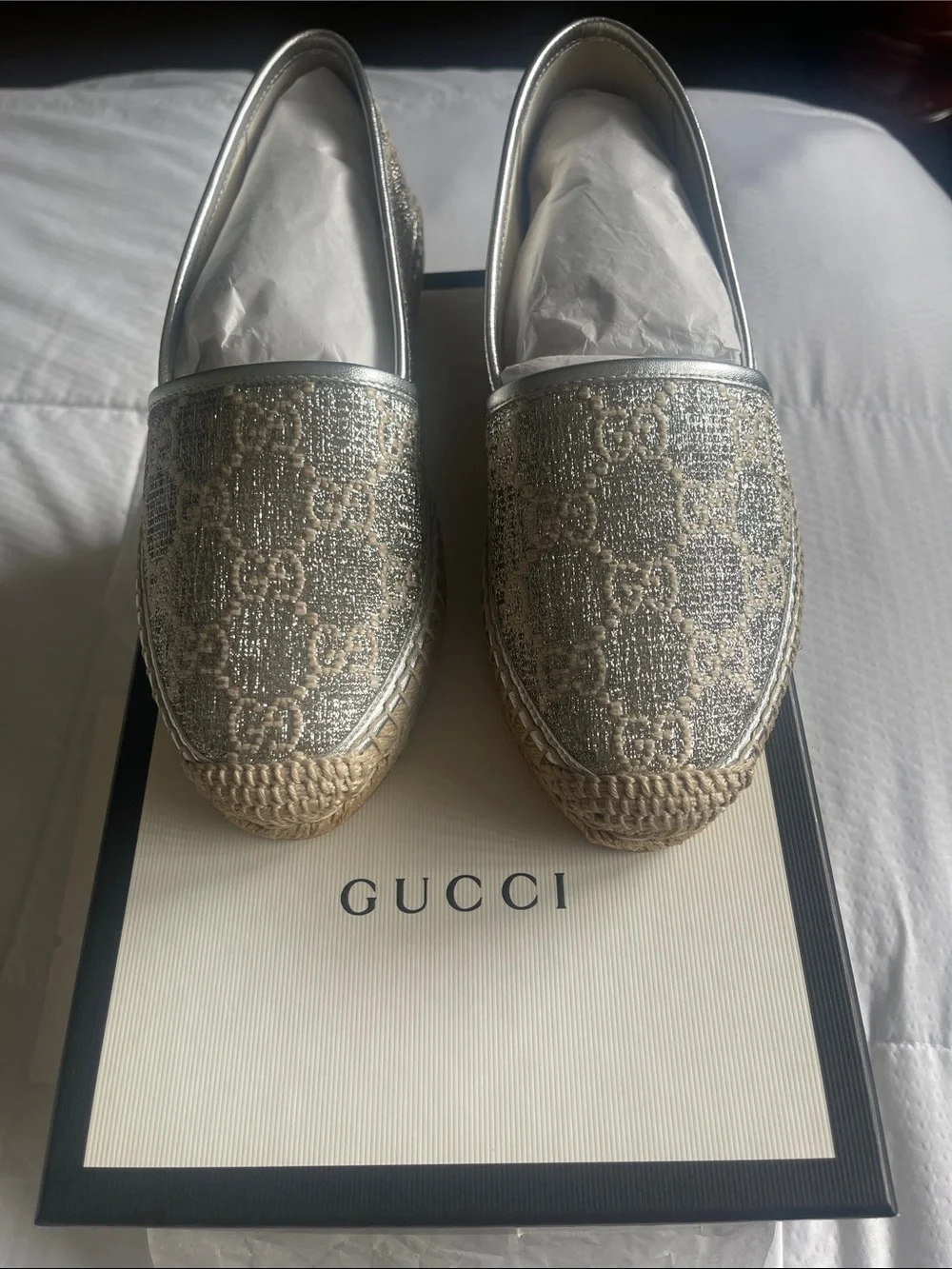 Gucci Silver Metallic GG Espadrille Flats with Natural Rope Trim